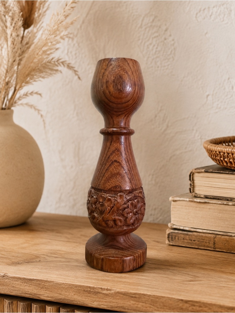 Vintage Acacia Handicrafts India Hand-Carved Wood Candlestick Holder 6 Inch